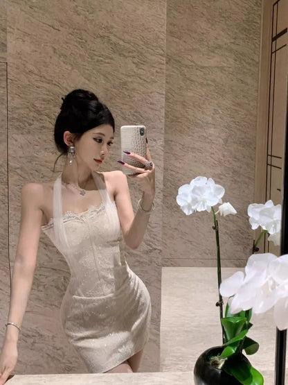 Mini Dresses Lace Patchwork Sleeveless Slim Sequins Backless Halter Basic Party Dress Shiny Female