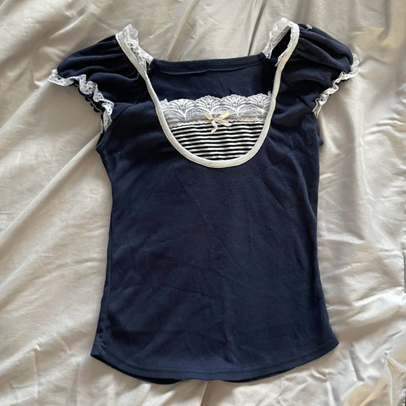 Kawaii Bow Lace Trim T-shirt Striped Patchwork Slim Fit Crop Top Y2k Aesthetic Fairy Grunge Retro Pullover Tees