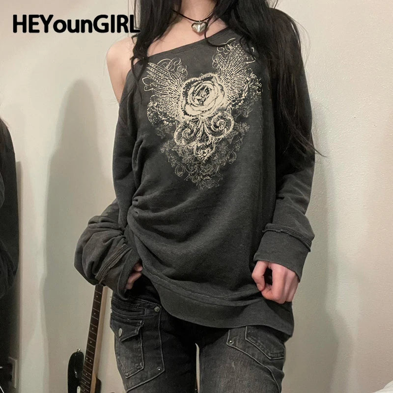 Graphic Print Slanted Collar Pullovers Y2k Street Outfits Harajuku Sweatshirt Grunge Style Retro Top
