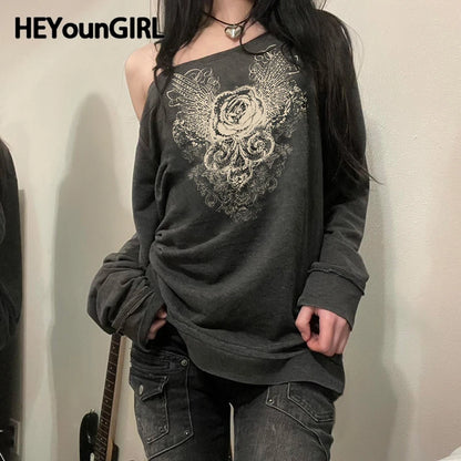 Graphic Print Slanted Collar Pullovers Y2k Street Outfits Harajuku Sweatshirt Grunge Style Retro Top