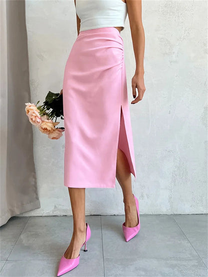 Pink Summer Long Skirt for Y2k Outfits Side Split Pleated High Waist Skirt Maxi Skirt