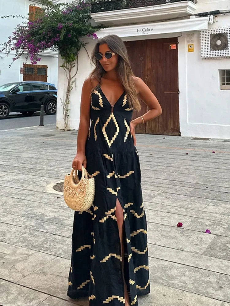 Backless Print Halter Maxi Dress Deep V-neck High Waist Split Dresses Summer Lady Loose High Street Robe
