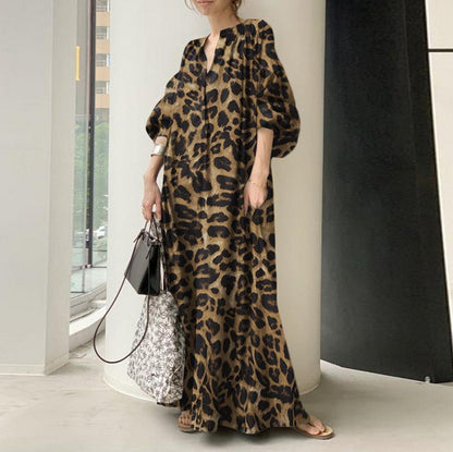 Leopard Print Long Dresses Temperament V-neck Puff Sleeves Loose Dress Style Vestidos Spring New