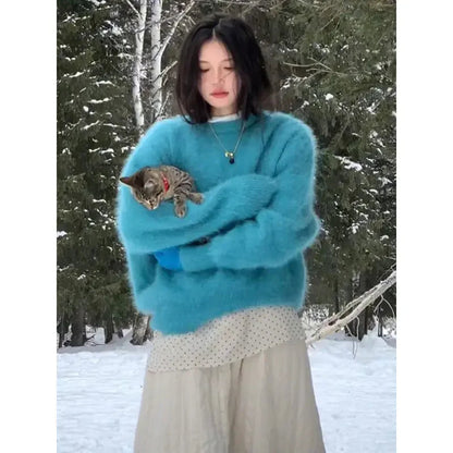 Autumn and Winter New Furry Blue Mink Fur Sweater for Round Neck Simple Loose Knitted Pullovers Tops