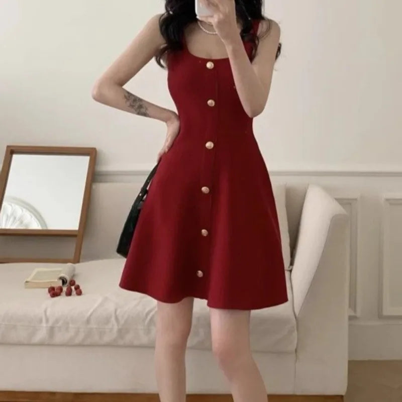 Knitted Aline Dresses Buttons Sleeveless Spring Summer Mini Dress Korean Sweet Vestidos Mujer