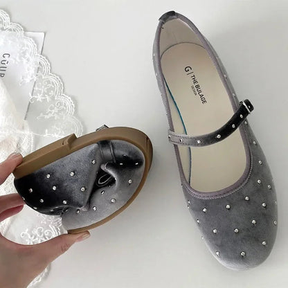 Satin Velvet Rivet Decoration Flat Shoes New Designer Comfort Mary Jane Shoe Ballet Flats Loafers