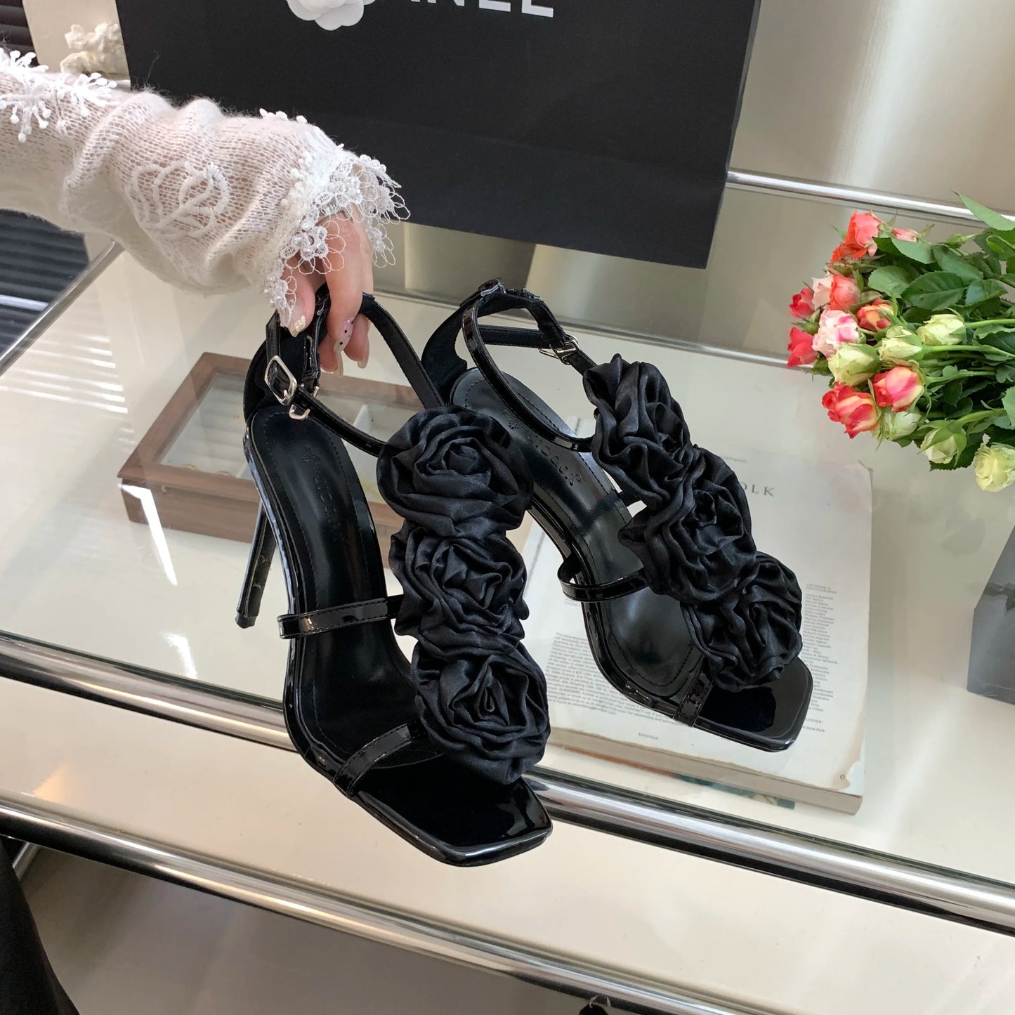 Flower Heeled Sandal Silk Rose Flower Opentoe Stiletto Shoes Roman Sandals 3540 Sizes High Heels