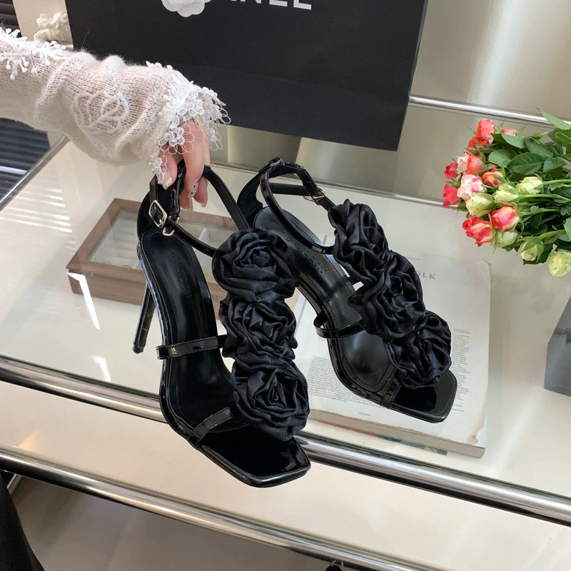 Flower Heeled Sandal Silk Rose Flower Opentoe Stiletto Shoes Roman Sandals 3540 Sizes High Heels