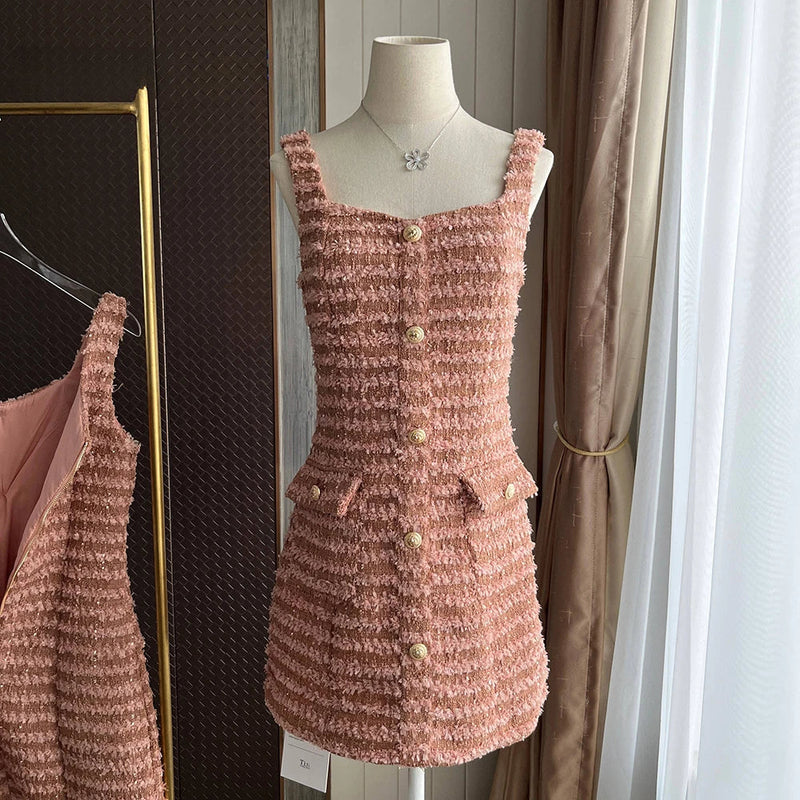 Korean Small Fragrant Tweed Dress Spaghetti Strap V Neck Woven Tassel Gold Button Mini Dresses Clothes for Woman