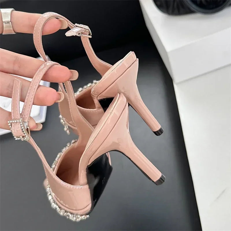 Rhinestone Buckle Strap Pumps Pointed Toe Thin High Heels Slingbacks Heels Sandals Party Prom Shoes