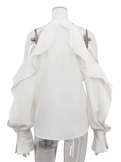 White Ruffled Shirts Top for Patchwork Off-shoulder High Waist Female Summer Blouse