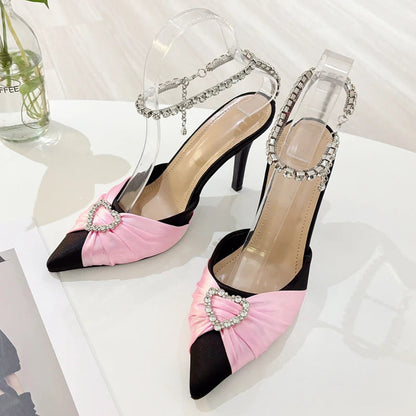 Crystal Buckle Strap Pointed Toe Pumps Prom Thin Heels Sandals Mule Party Shoes