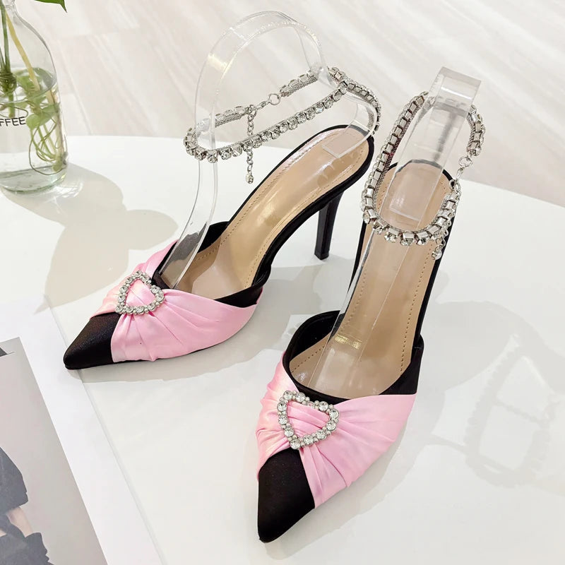 Crystal Buckle Strap Pointed Toe Pumps Prom Thin Heels Sandals Mule Party Shoes
