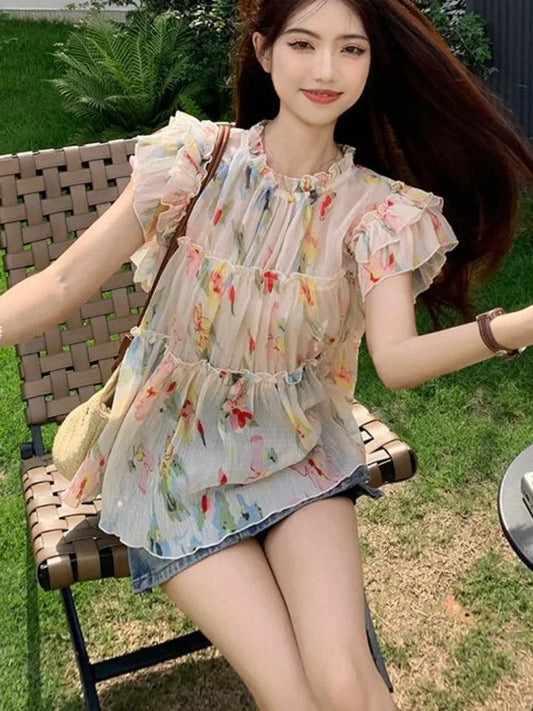 Y2k Print Chiffon Blouse Flying Sleeve Perspective Fairycore Pleated Shirts Summer Aesthetic Tops