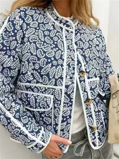 Printed Patchwork Jackets Female Contrast Loose Long Sleeve Autumn Pocket High Street Coat ’s Cardigan