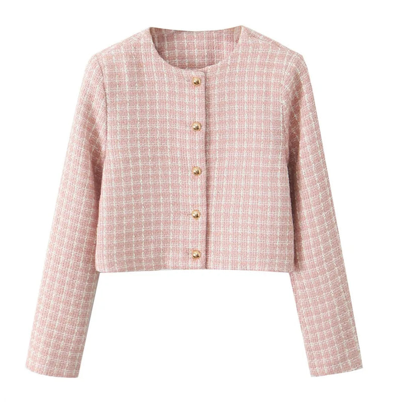 2 Pieces 1 Set French Style Retro Pink Plaid Woven Tweed Blazer + High Waist Mini Shorts Pants Suits