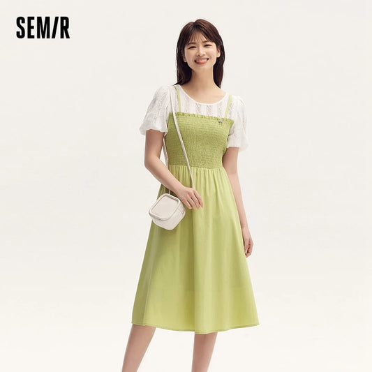 Dress Bubble Sleeves Lace Patchwork Faux Two-piece Slim Fit Summer New Fresh Style Round Neck Mid-length Skirt