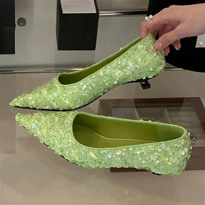 Bling Pumps Footwear Pointed Toe Shallow Low Heel Dress Shoes Female Comfort High Heels Zapatos De Mujer