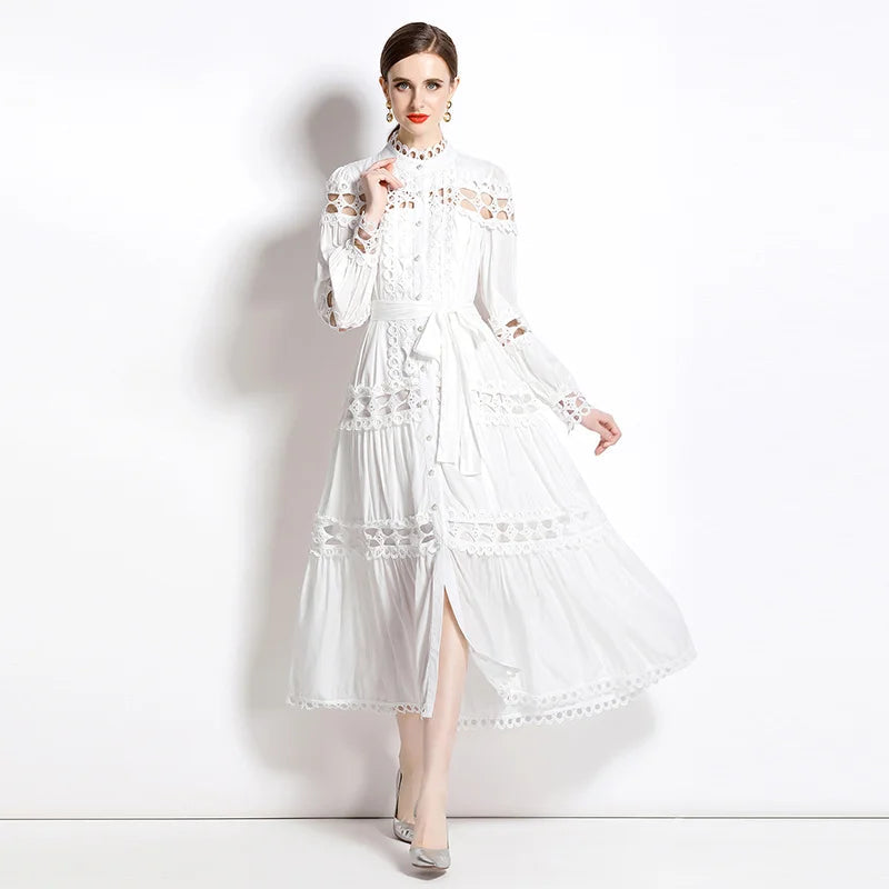 Dresses Skeleton Lace Splicing Stand Collar Single Breasted Dresses Aline Midi Dresses With Belt Party Clubwear