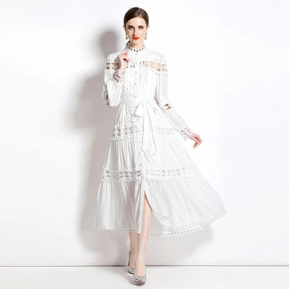 Dresses Skeleton Lace Splicing Stand Collar Single Breasted Dresses Aline Midi Dresses With Belt Party Clubwear
