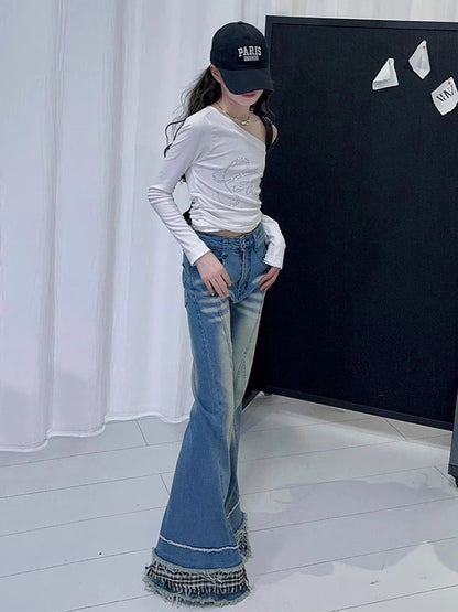 Stitch Raw Edge Ruffle Hem Flare Jeans Retro Tartan Plaid Whiskers Boot Cut Pants Grayu Y2k Korean