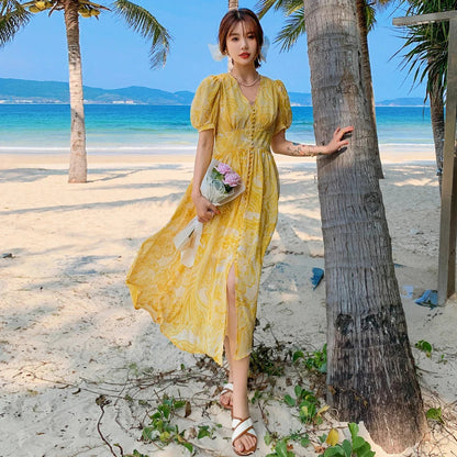 Summer Yellow Senior Sense Chiffon Vneck High Waist Thin Temperament Seaside Resort Long Dress