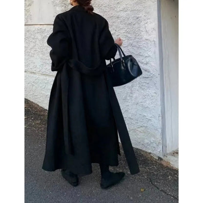 Long Woolen Coat With Belt Autumn Winter New Lapel Long Sleeve Outerwear Overcoat