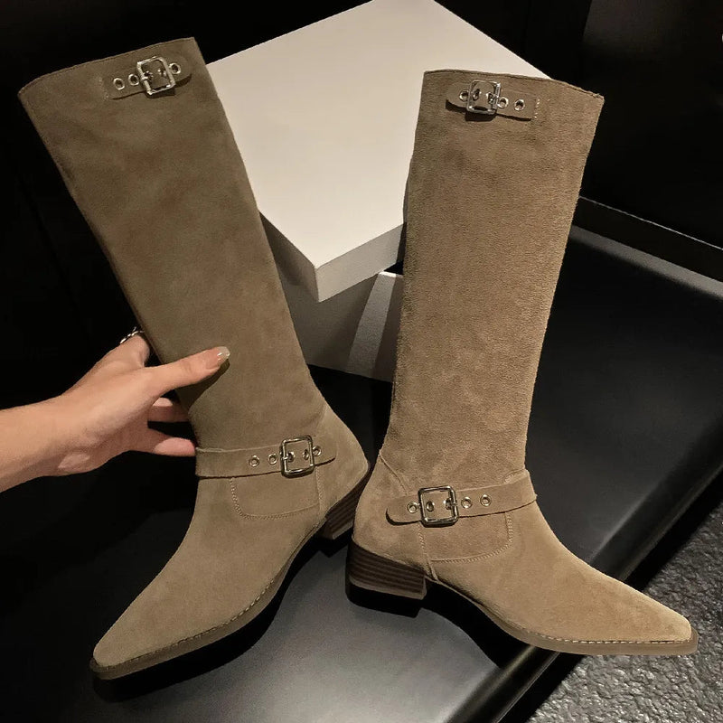 3442 Natural Suede Leather Flats Autumn Western Boots Double Metal Buckle Long Boots Shoes
