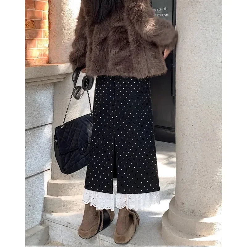 Contrast Color Lace Splicing Aline Skirt Spring New Korean High Waist Polka Dot Midlength Skirt