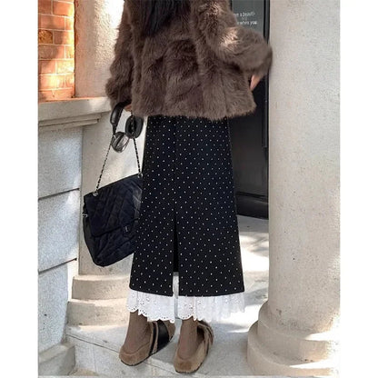 Contrast Color Lace Splicing Aline Skirt Spring New Korean High Waist Polka Dot Midlength Skirt