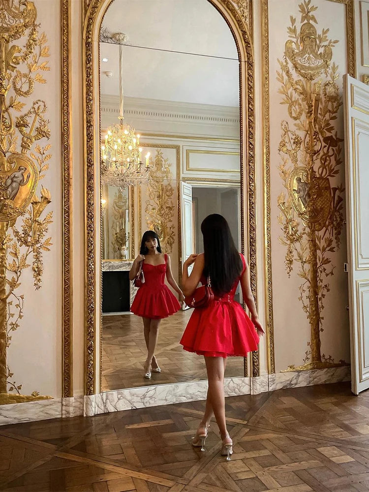 Red Lace Up Mini Dress for Pleated Sleeveless a Line Dresses Autumn Party Evening Short Gown