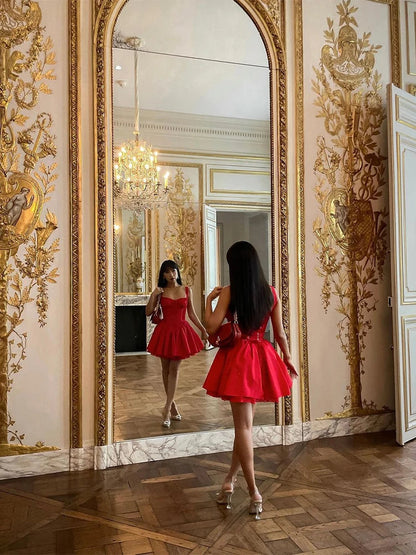 Red Lace Up Mini Dress for Pleated Sleeveless a Line Dresses Autumn Party Evening Short Gown