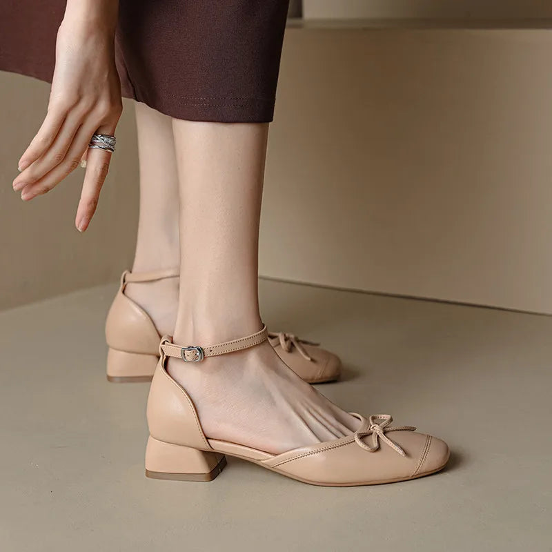Pumps Spring Summer Sweet Retro Butterfly Knot Genuine Leather Thick Heels Ankle Strap Shoes Woman Party Wedding