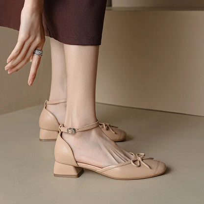 Pumps Spring Summer Sweet Retro Butterfly Knot Genuine Leather Thick Heels Ankle Strap Shoes Woman Party Wedding