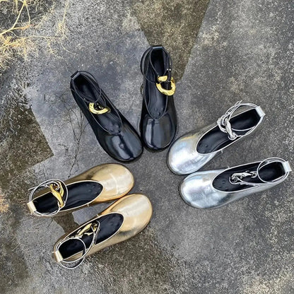 Sandals Mary Jane Flats Dupe Silver Black Gold Big Size Ankle Strap Round Toe Ballerinas Shoes