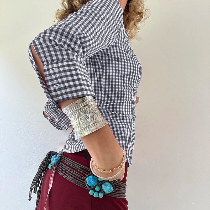 Y2k Turn-down Collar T-shirt Button Up Long Sleeve Slim Tee Outfits Autumn Top