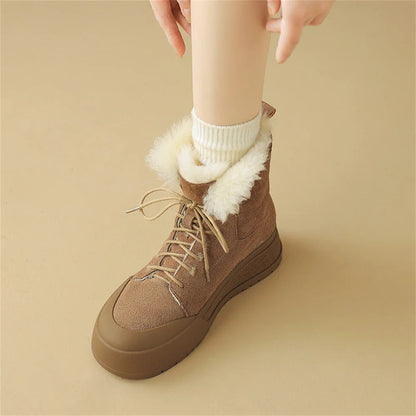 Wool Snow Boots Flats With Platforms Crosstied Ankle Boots Round Toe Fur Short Winter Warm Boots Shoes