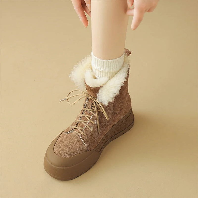 Wool Snow Boots Flats With Platforms Crosstied Ankle Boots Round Toe Fur Short Winter Warm Boots Shoes