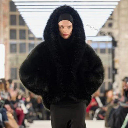 Brand Runway Iconic Hooded Batwing Faux Fur Coat Winter Hailey Bieber Shaggy Overcoat Fox Fur Jacket