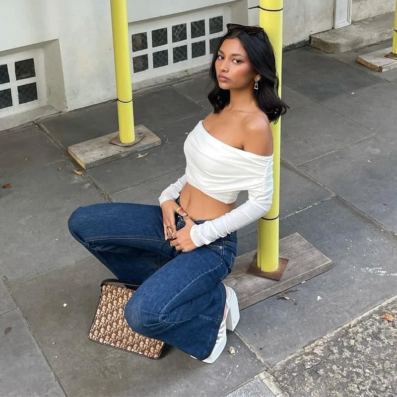 Off Shoulder T-shirt Spring Long Sleeve Slim Fit Crop Top Y2k Harajuku White Tees Female Clothes