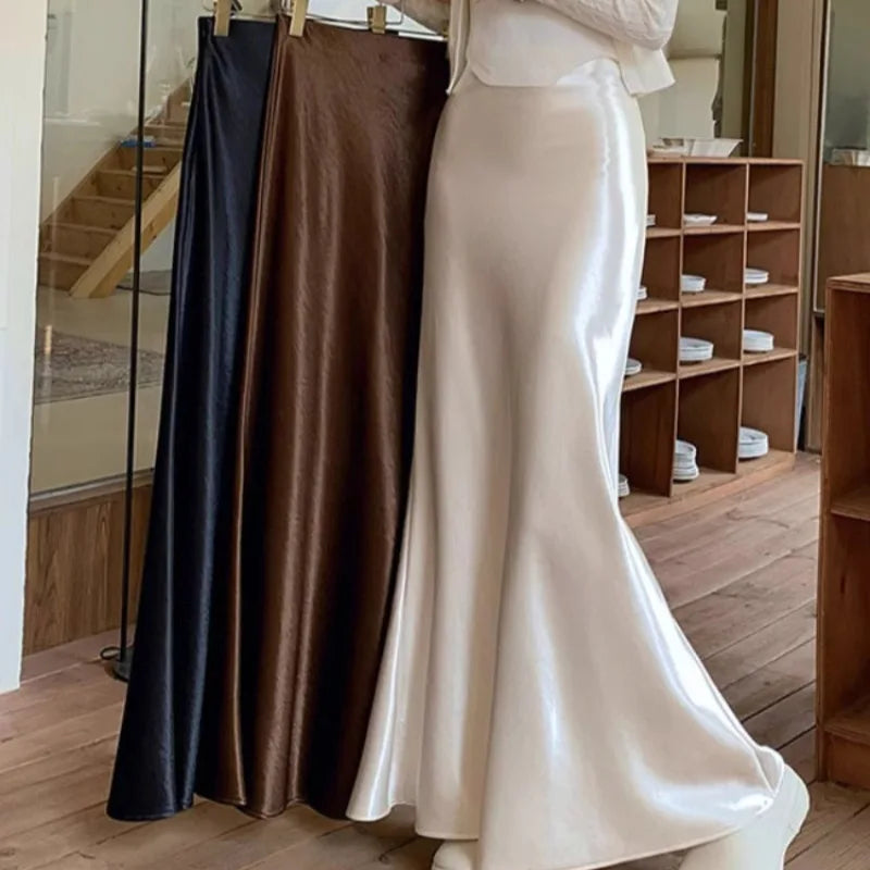 Satin Mermaid Skirts Spring Summer Faldas Mujer Korean Sweet Simple Retro Long Skirt
