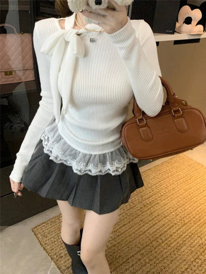 Gray Lace Spliced Knit Base Sweater for Ballet Style Autumn Winter Bow Tie Knitwear Lace Long Sleeve Pullover