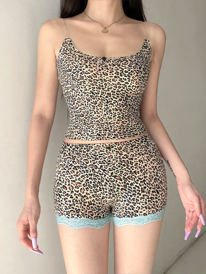Contrast Lace Trim Leopard Print 2 Pieces Sets Sleeveless Cropped Camisole and Skinny Shorts Rave Baddie Outfits