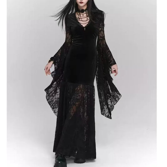 Gothic Black Midi Dresses V-neck Irregular Flrae Sleeve Y2k Lace Bandage Dark Style Harajuku Clothing New