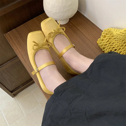 Woman Shallow Mouth Grandma Shoes Female Footwear Soft Bowknot Square Toe Ballet Dress Butterfly New