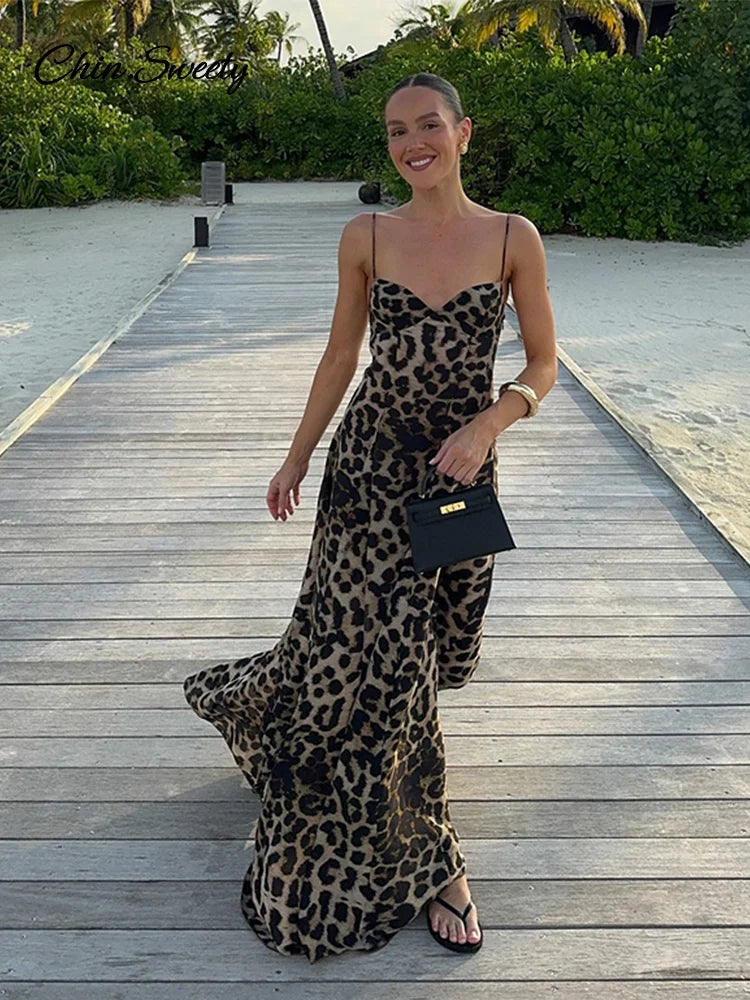 Y2k Leopard Print Suspender Long Dresses Slim Sleeveless Backless A-line Party Dress Summer Lady Robes _new