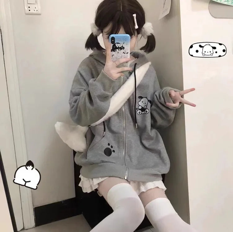 Japanese Kawaii Dog Ears Hoodie Sweatshirt Autumn New Loose Zipper Tops Y2k Egirl Long Sleeve Thin Sweatshirts