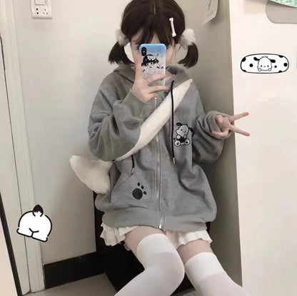 Japanese Kawaii Dog Ears Hoodie Sweatshirt Autumn New Loose Zipper Tops Y2k Egirl Long Sleeve Thin Sweatshirts