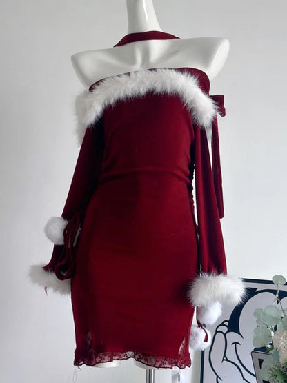 Kawaii Halter Mini Dress Sweet Bodycon Princess Christmas Birthday Party Dresses Autumn Female Slim Fit Short Vestidos Mujer New