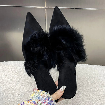 Thin High Heels Pointed Toe Buckle Strap Punps Design Style Corduroy Banquet Prom Sandals Shoes